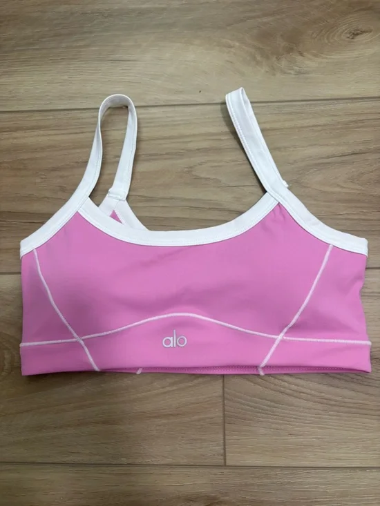ALO Yoga Pink Sports Bra with White Trim - Picture 3 of 4